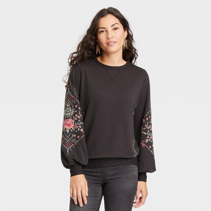 Women's Embroidered Sweatshirt - Knox Rose Charcoal Gray Floral