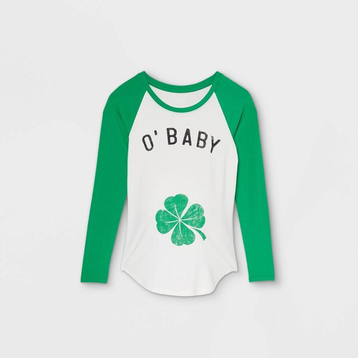 Maternity Long Sleeve O Baby St.patrick's Day Graphic T-shirt - Isabel Maternity By Ingrid & Isabel White/green