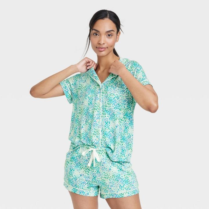 Women's Beautifully Soft Short Sleeve Notch Collar Top And Shorts Pajama Set - Stars Above Blue