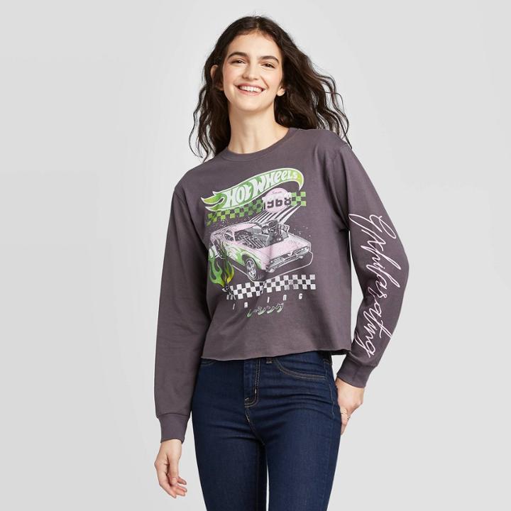 Women's Hot Wheels Long Sleeve Cropped T-shirt - Mattel (juniors') - Dark Gray Xs, Women's, Black