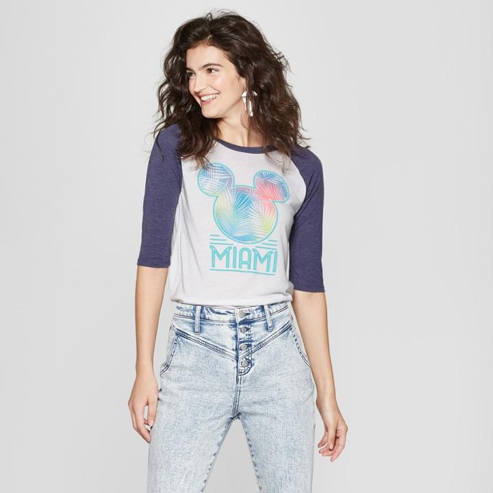 Women's Mickey Mouse 3/4 Sleeve South Beach Miami Raglan Graphic T-shirt - Awake White/navy