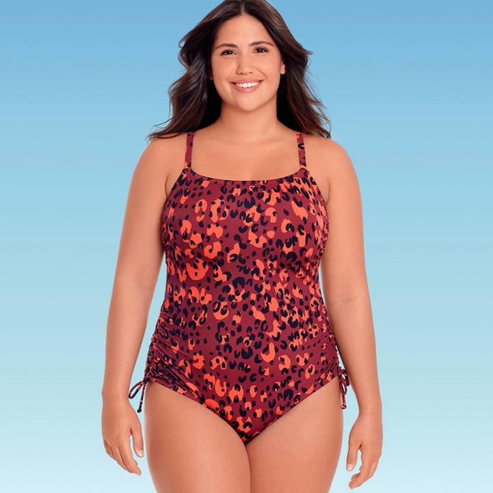 Women's Plus Size Slimming Control Side-tie One Piece Swimsuit - Beach Betty By Miracle Brands Burgundy Animal Print