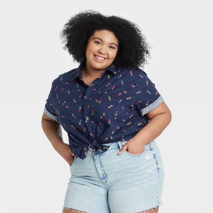 Ev Lgbt Pride Pride Gender Inclusive Adult Extended Size Ice Cream Print Short Sleeve Woven Button-down Shirt - Navy 1xb, Ivory/white/blue