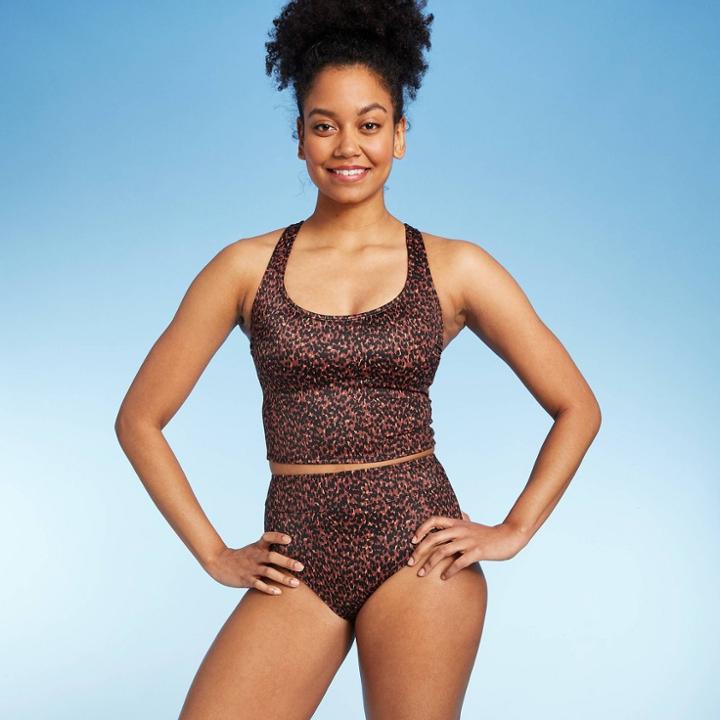 Women's Long Line Racerback Bikini Top - All In Motion Rust Animal Print