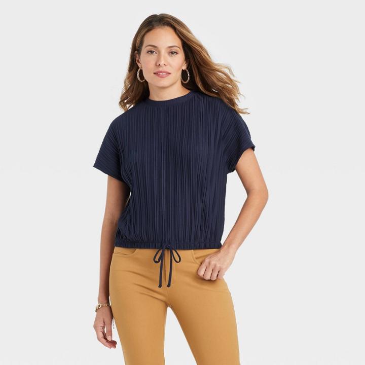 Women's Dolman Short Sleeve Plisse Top - A New Day Navy Blue