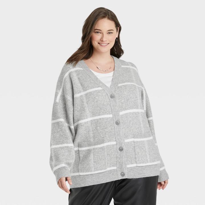 Women's Plus Size Jacquard Boyfriend Cardigan - A New Day Gray