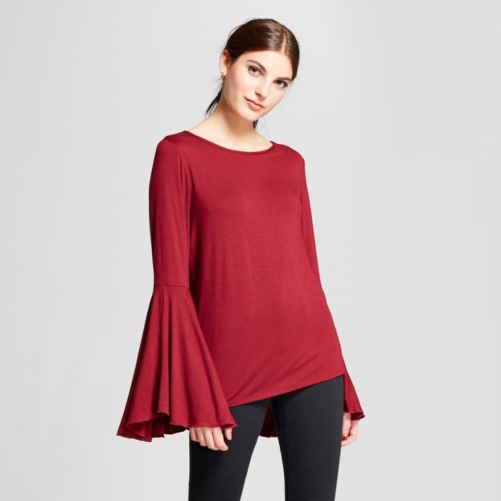 Women's Long Ruffle Bell Sleeve Blouse - Alison Andrews Red