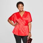 Women's Plus Size Satin Wrap Short Sleeve Top - Ava & Viv Red