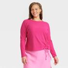 Women's Plus Size Long Sleeve Side Ruched T-shirt - A New Day Pink