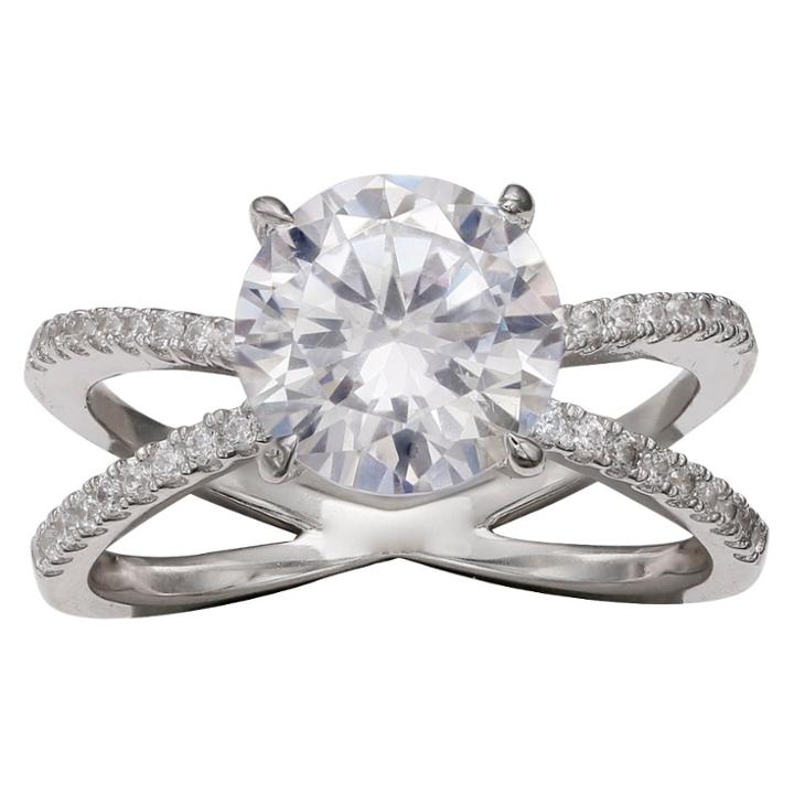 Target Women's Round Cubic Zirconia Ring With Pave Crossover Band In Sterling Silver - Silver/clear (7), Clear