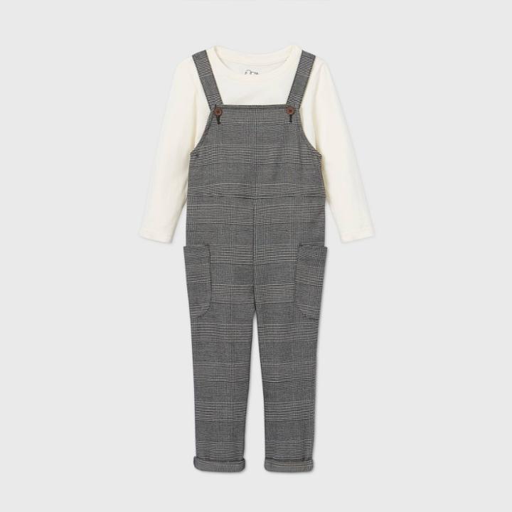 Toddler Boys' 2pc Long Sleeve T-shirt & Plaid Overall Set - Art Class Cream/gray