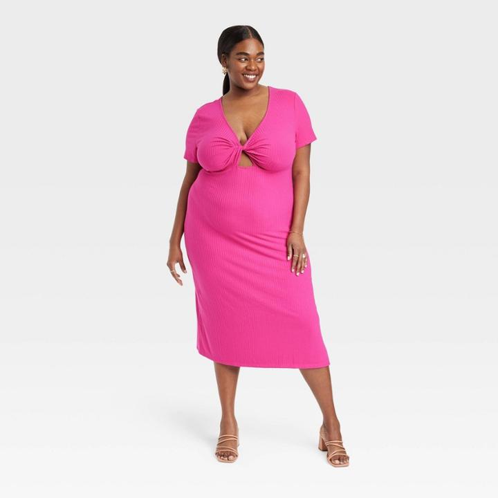 Women's Plus Size Short Sleeve Cut Out Knit Dress - A New Day Dark Pink