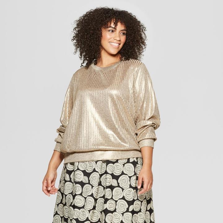 Women's Plus Size Long Sleeve Metallic Pullover - Who What Wear Gold
