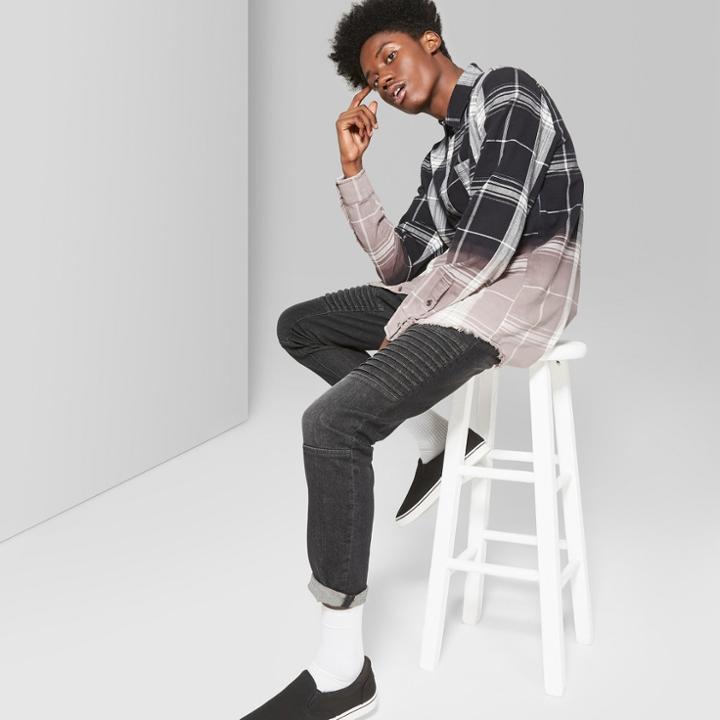 Men's Long Sleeve Dip Dye Plaid Curved Hem Button-down Shirt - Original Use Black