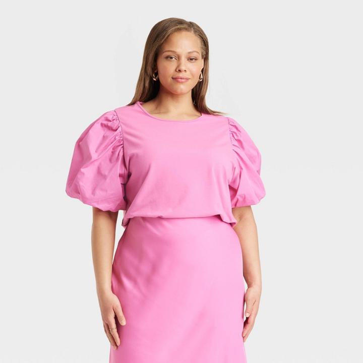 Women's Plus Size Puff Short Sleeve T-shirt - A New Day Pink