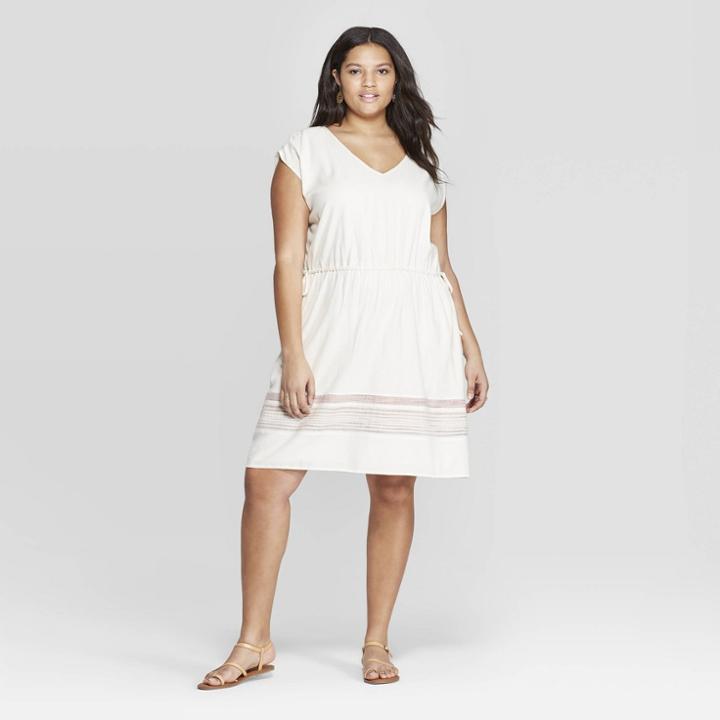 Women's Plus Size Printed Short Sleeve V-neck Dress - Universal Thread Cream X, Beige
