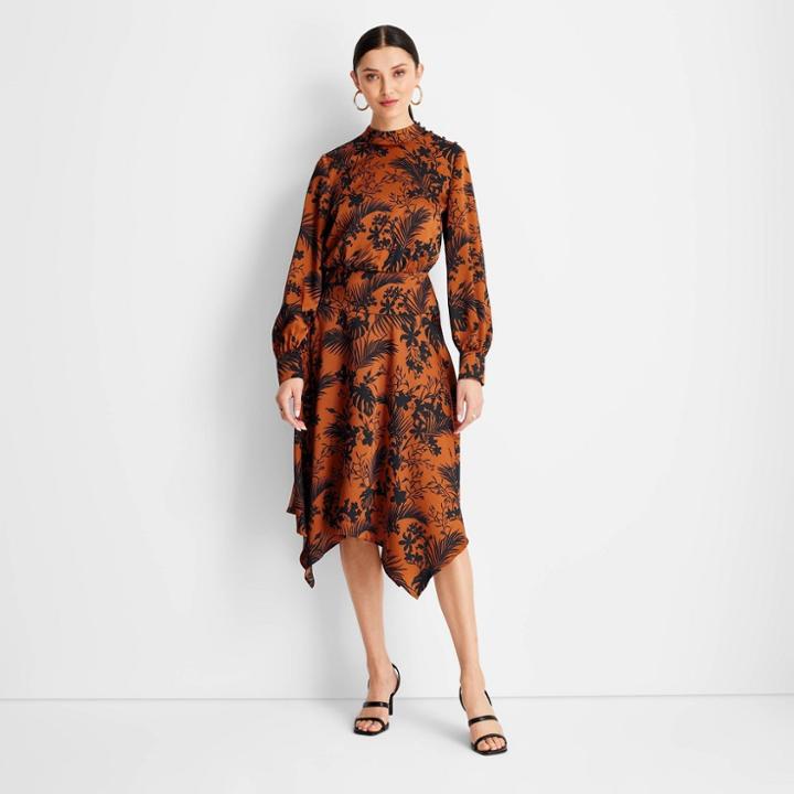 Women's Long Sleeve Mock Neck Asymmetrical A-line Dress - Future Collective With Kahlana Barfield Brown Brown/black Xxs
