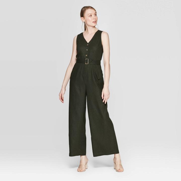 Women's Sleeveless V-neck Ankle Length Belted Jumpsuit - Who What Wear Green