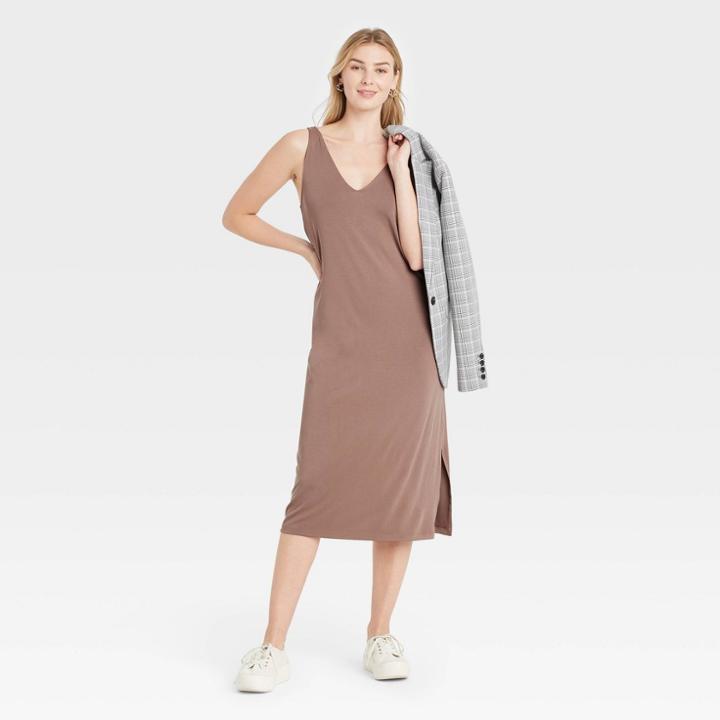 Women's Slim Fit Sleeveless Knit Dress - A New Day Tan