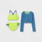 Girls' 3pc Striped Cropped Long Sleeve Rash Guard And Bikini Set- Cat & Jack L, Blue/green/white