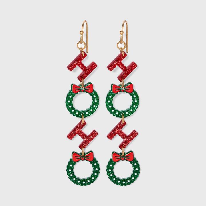No Brand Ho Ho Christmas Wreath Earrings - Red/green