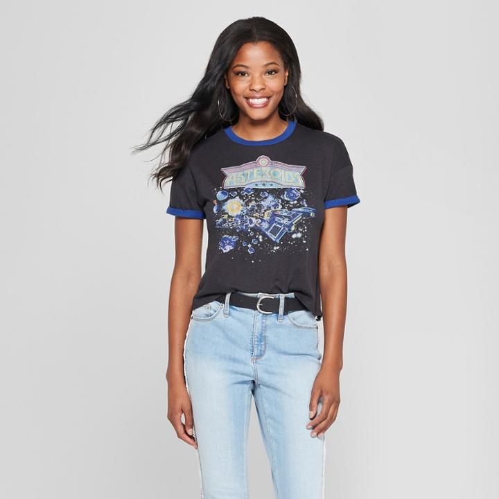 Junk Food Women's Atari Asteroids Meet & Greet Short Sleeve Ringer Graphic T-shirt - Black