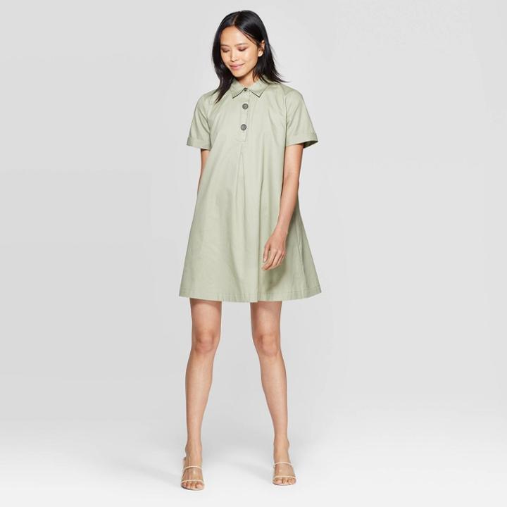 Petitewomen's Short Sleeve Collared Trapeze Mini Shirtdress - Who What Wear Green M, Women's,