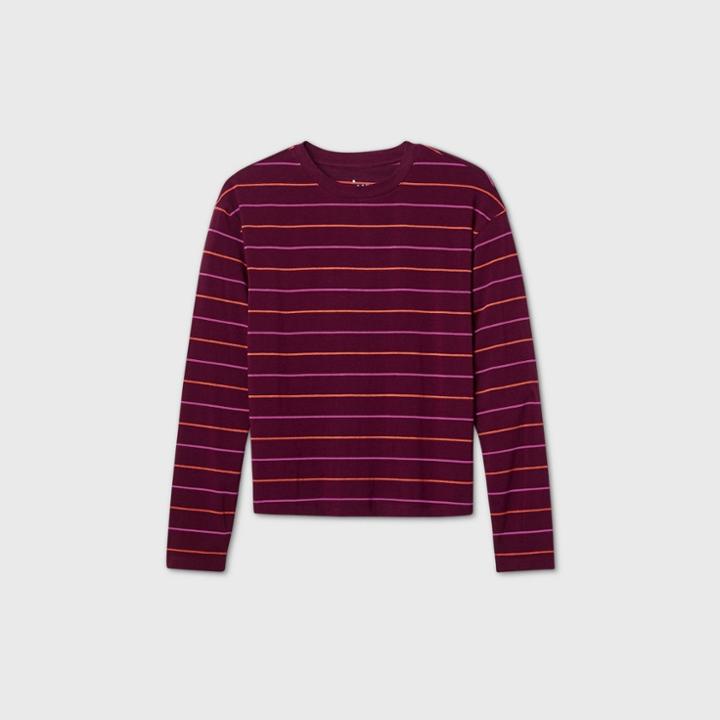 Women's Striped Long Sleeve T-shirt - A New Day Burgundy