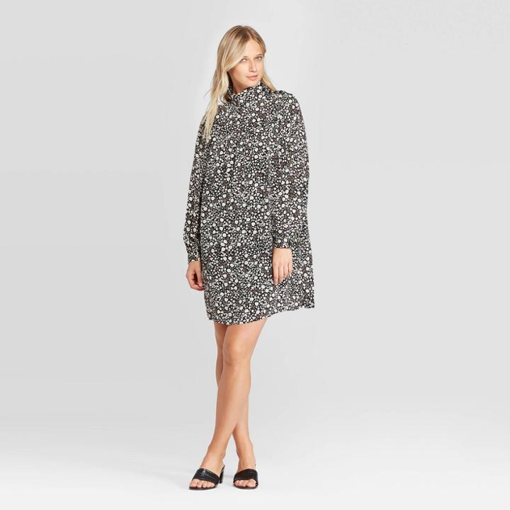 Women's Floral Print Long Sleeve Mock Turtleneck Front Button-down A Line Mini Dress - Who What Wear Black