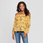 Women's Floral Print Long Sleeve Smocked Off The Shoulder Knit Top - Xhilaration Mustard (yellow)