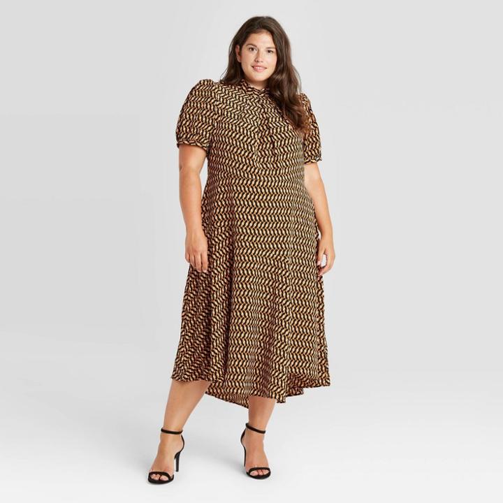 Women's Plus Size Geometric Print Puff Short Sleeve Tiered Ruffle Dress - Who What Wear Black