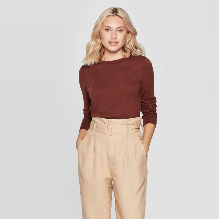 Women's Long Sleeve Ribbed Cuff Crewneck Pullover Sweater - A New Day Heather Brown