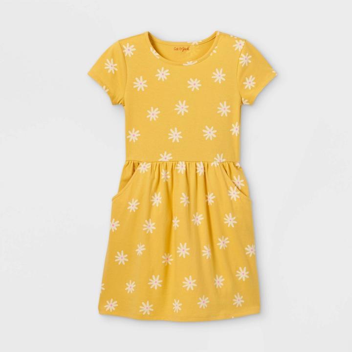 Girls' Printed 'floral' Short Sleeve Knit Dress - Cat & Jack Mustard Yellow