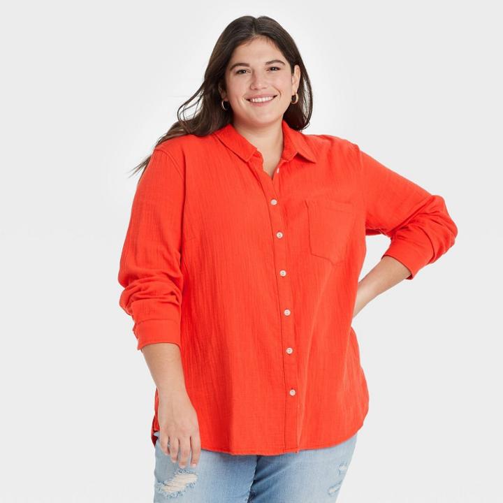 Women's Long Sleeve Gauze Button-down Shirt - Universal Thread Red