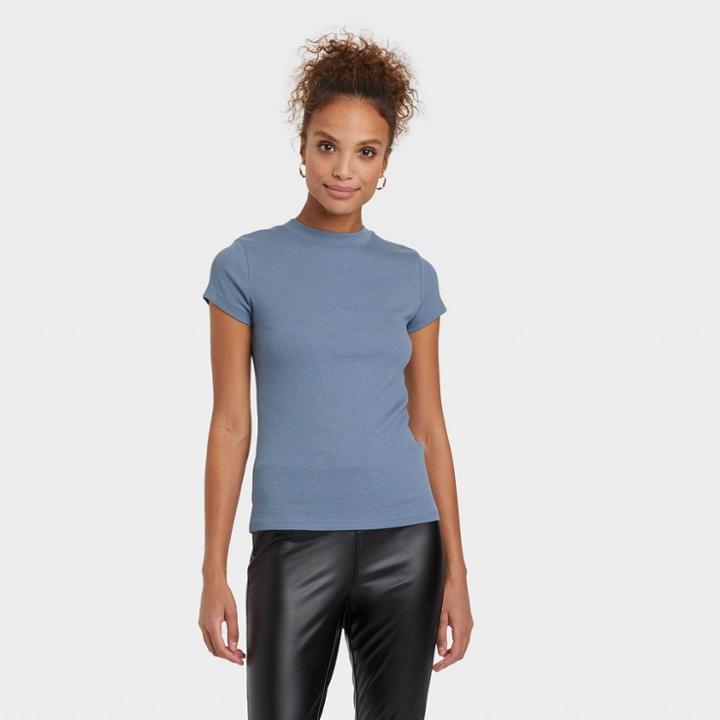 Women's Short Sleeve Ribbed T-shirt - A New Day Light Navy Blue