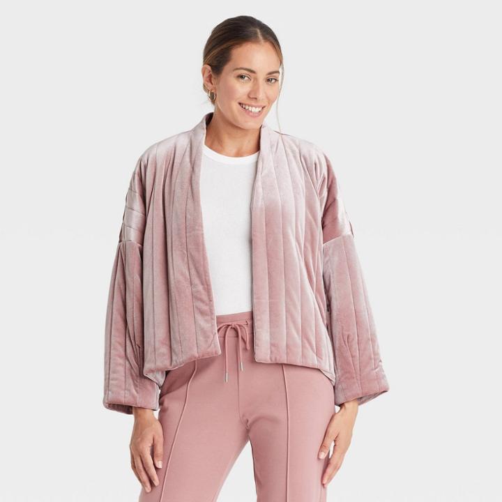 Women's Quilted Velvet Duster Jacket - A New Day Pink
