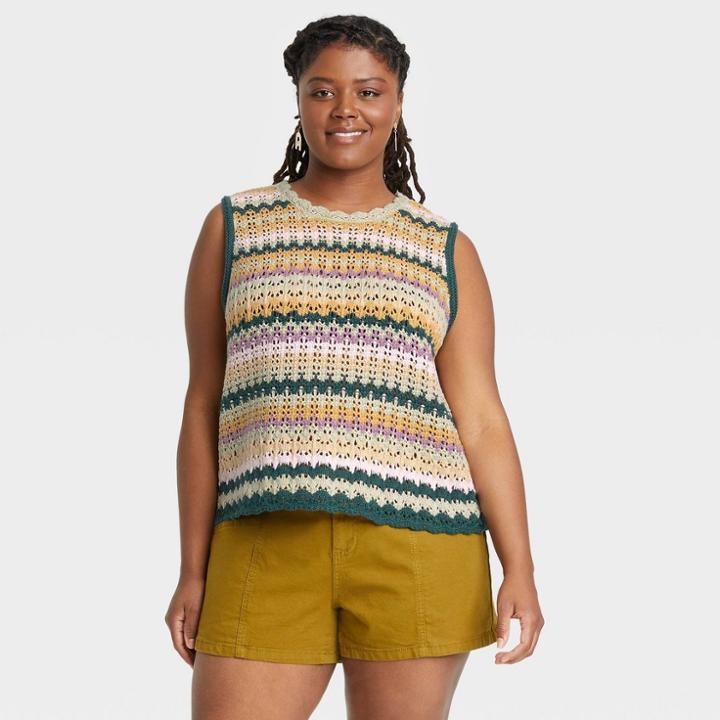 Women's Plus Size Openwork Sweater Tank - Universal Thread Green Multistriped