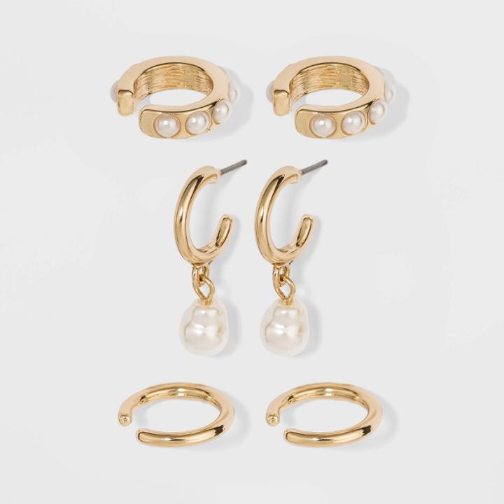 Sugarfix By Baublebar Delicate Huggie Hoop Earring Set - Pearl, Women's, Beige