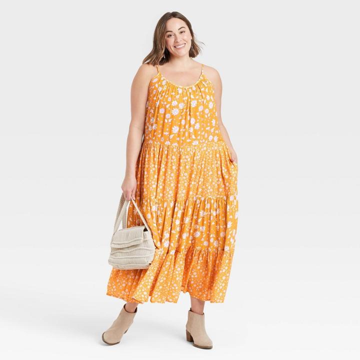 Women's Plus Size Floral Print Sleeveless Tiered Dress - Universal Thread Yellow