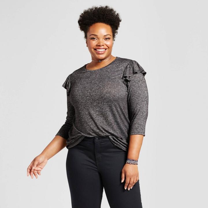 Women's Plus Size Ruffle Shoulder T-shirt - Ava & Viv Charcoal