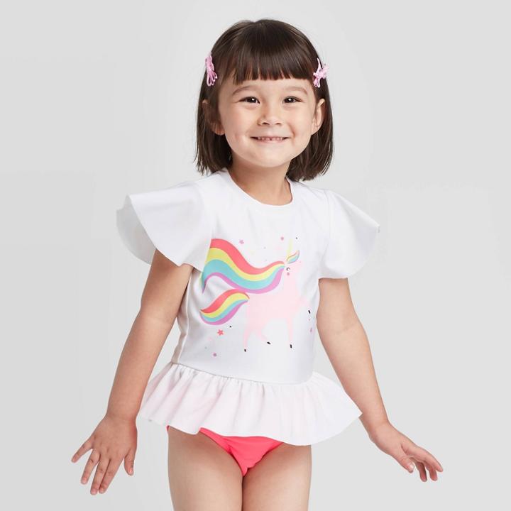 Petitetoddler Girls' Unicorn Flutter Short Sleeve Rash Guard Set - Cat & Jack White 12m, Toddler Girl's
