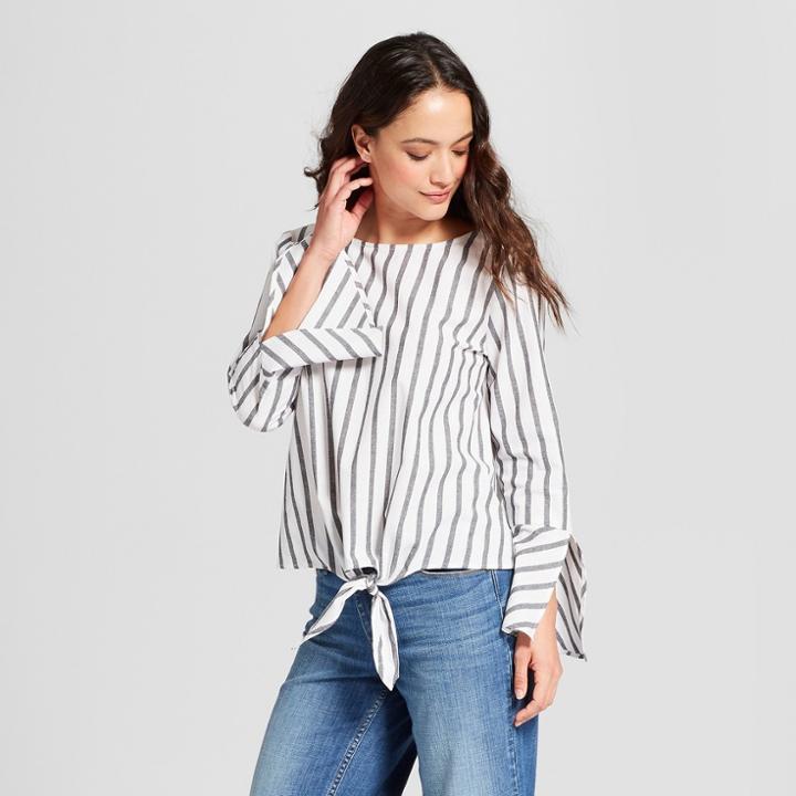 Women's Striped Long Bell Sleeve Tie Front Blouse - Como Black Black/white