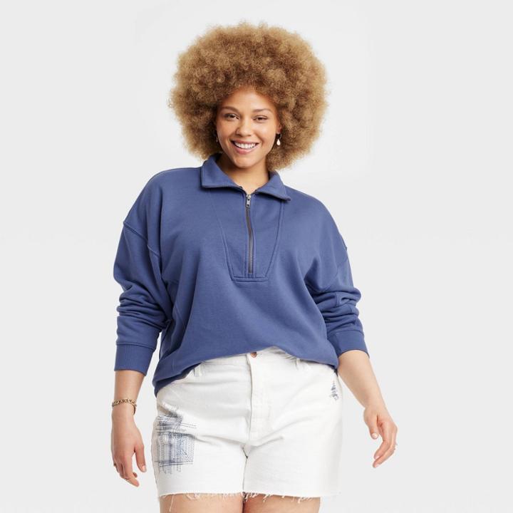 Women's Plus Size French Terry Quarter Zip Sweatshirt - Universal Thread Blue