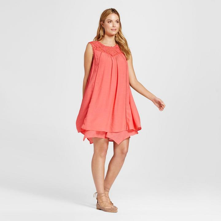 Johnpaulrichard Women's Trapeze Dress With Lace Illusion Yolk - John Paul Richard - Coral
