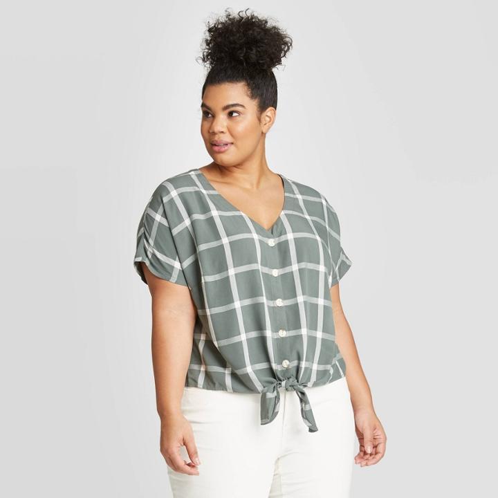 Women's Plus Size Plaid Short Sleeve Tie Front Top - Universal Thread Green 1x, Women's,