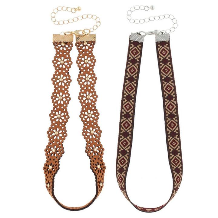 Distributed By Target Women's Duo Choker With Aztec Print And Flower Cut Out Trim - Natural