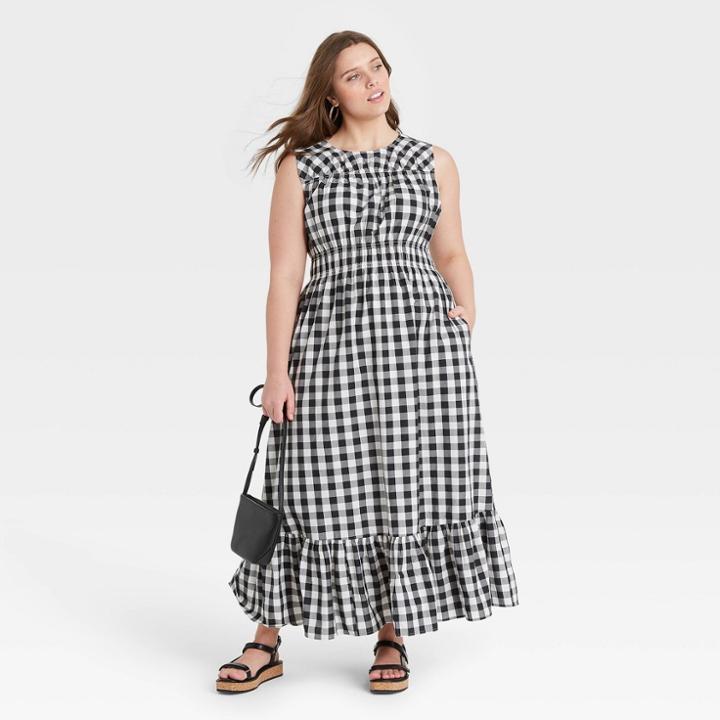 Women's Plus Size Striped Sleeveless Smocked Waist Dress - A New Day Black/white