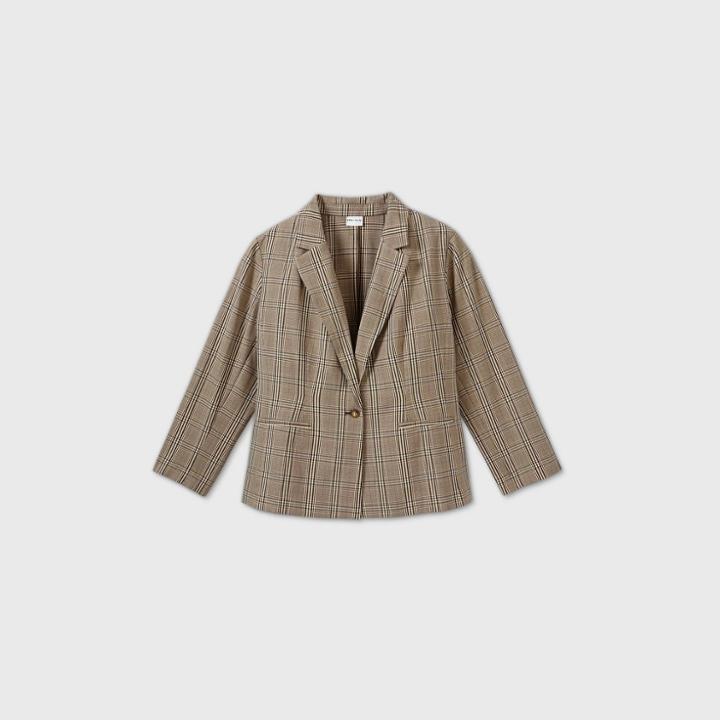 Women's Plus Size Long Sleeve Plaid Blazer - Ava & Viv Brown X