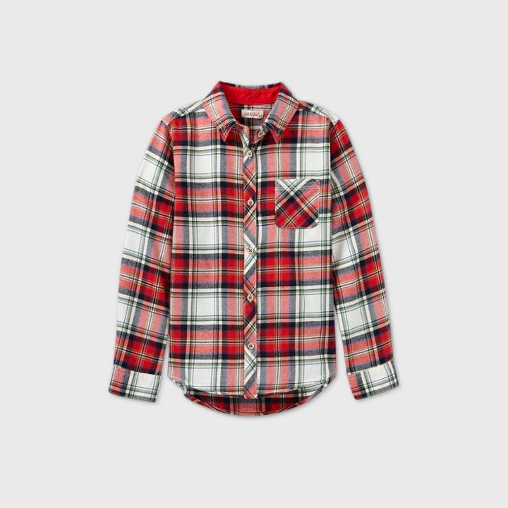 Girls' Long Sleeve Plaid Woven Button-down Shirt - Cat & Jack Red