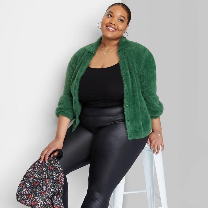 Women's Plus Size Fuzzy Button-front Cardigan - Wild Fable Dark Green